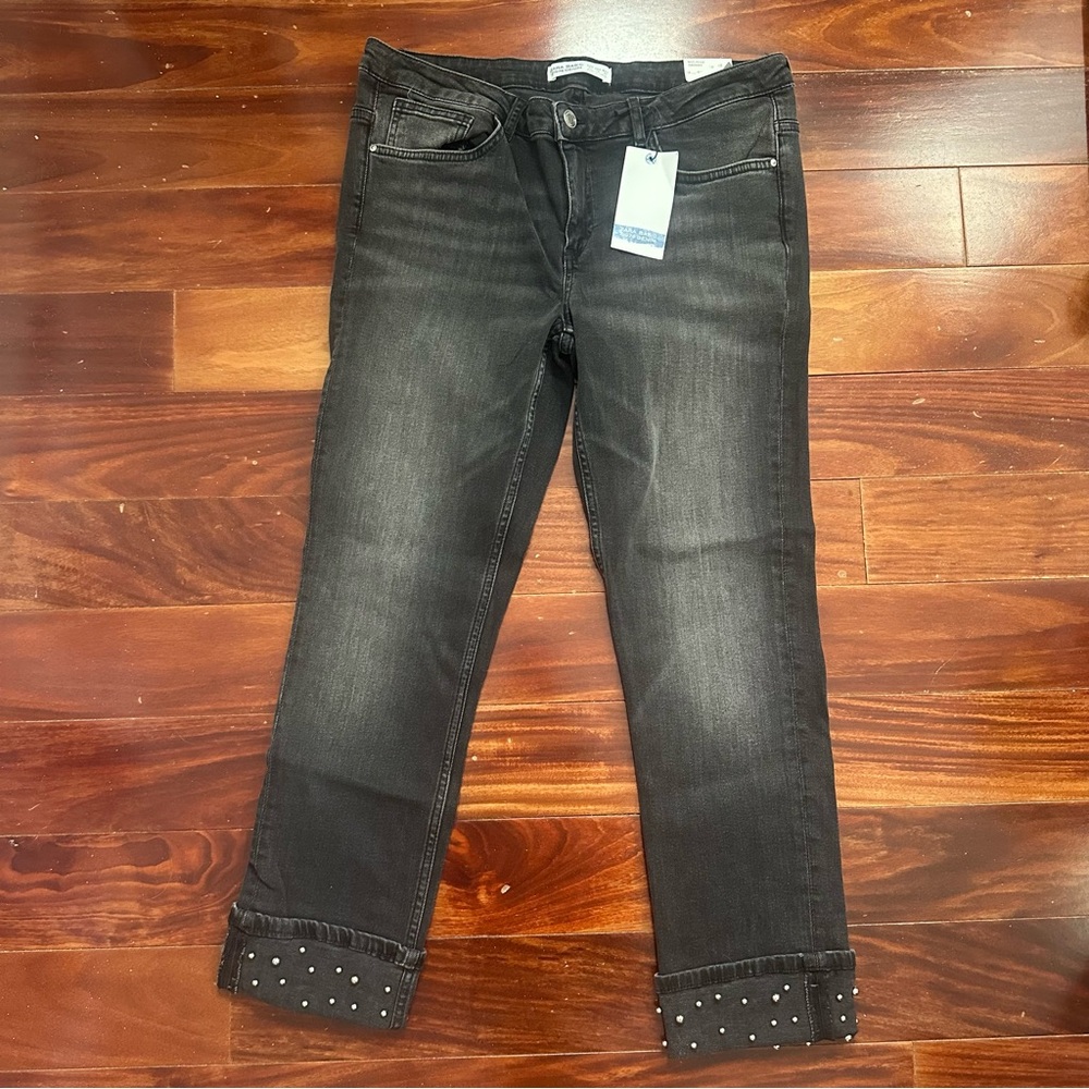 Zara Faded Black Silver Beaded Cuff Skinny Jeans Size 12 NWT